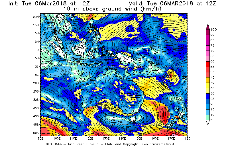Mappa di analisi GFS - Velocità del vento a 10 metri dal suolo [km/h] in Oceania
							del 06/03/2018 12 <!--googleoff: index-->UTC<!--googleon: index-->