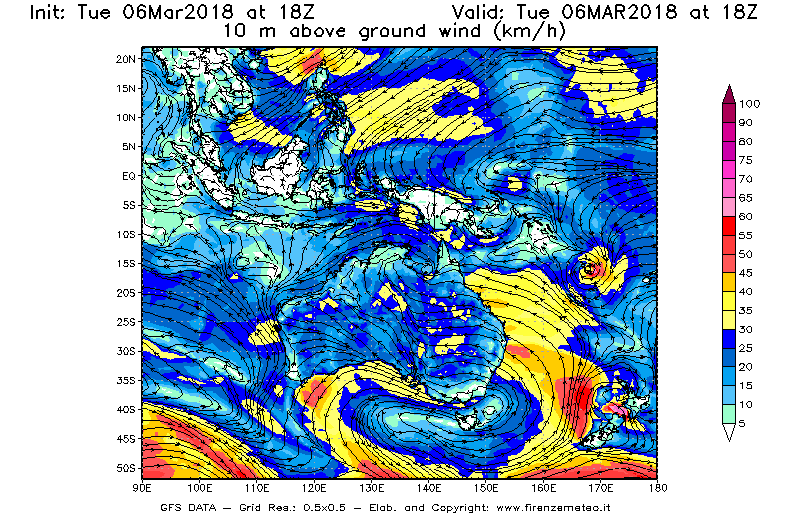 Mappa di analisi GFS - Velocità del vento a 10 metri dal suolo [km/h] in Oceania
							del 06/03/2018 18 <!--googleoff: index-->UTC<!--googleon: index-->