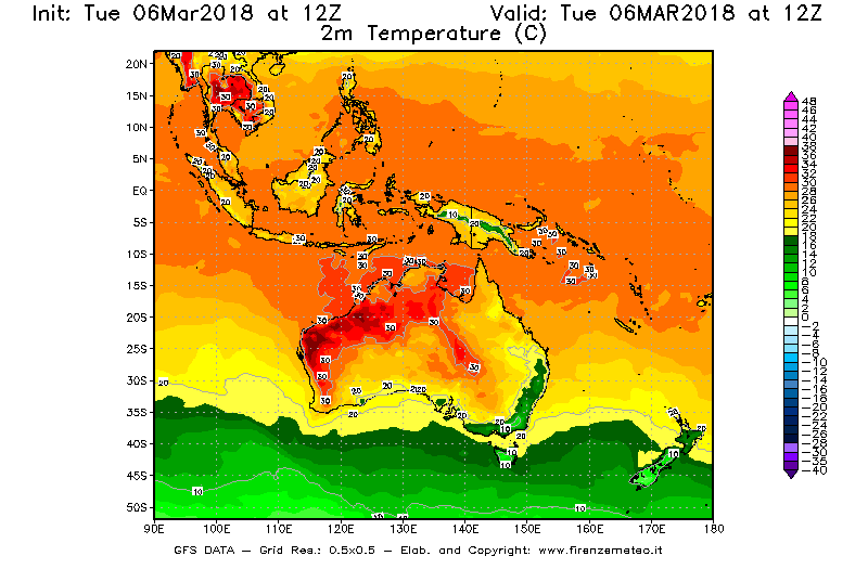 Mappa di analisi GFS - Temperatura a 2 metri dal suolo [°C] in Oceania
							del 06/03/2018 12 <!--googleoff: index-->UTC<!--googleon: index-->