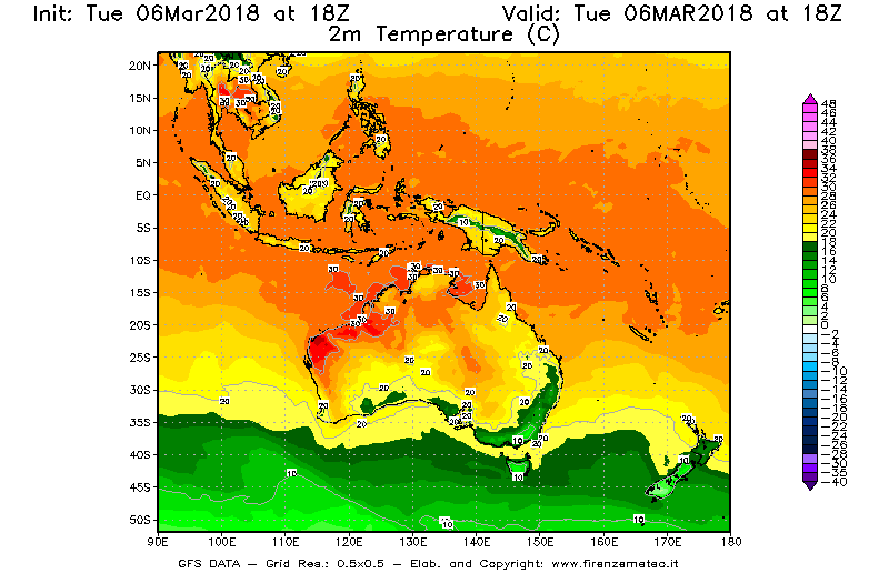 Mappa di analisi GFS - Temperatura a 2 metri dal suolo [°C] in Oceania
							del 06/03/2018 18 <!--googleoff: index-->UTC<!--googleon: index-->