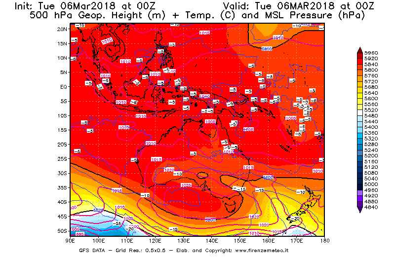 Mappa di analisi GFS - Geopotenziale [m] + Temp. [°C] a 500 hPa + Press. a livello del mare [hPa] in Oceania
							del 06/03/2018 00 <!--googleoff: index-->UTC<!--googleon: index-->