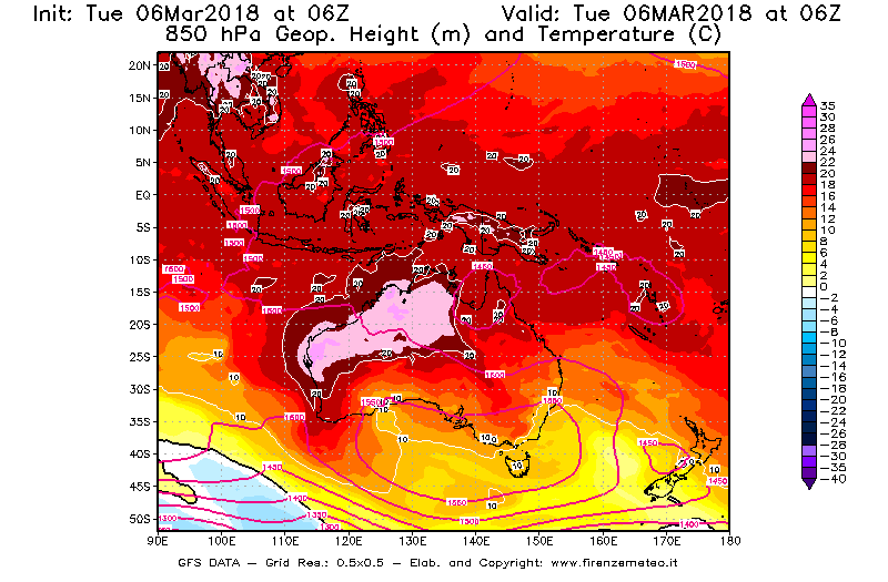 Mappa di analisi GFS - Geopotenziale [m] e Temperatura [°C] a 850 hPa in Oceania
							del 06/03/2018 06 <!--googleoff: index-->UTC<!--googleon: index-->