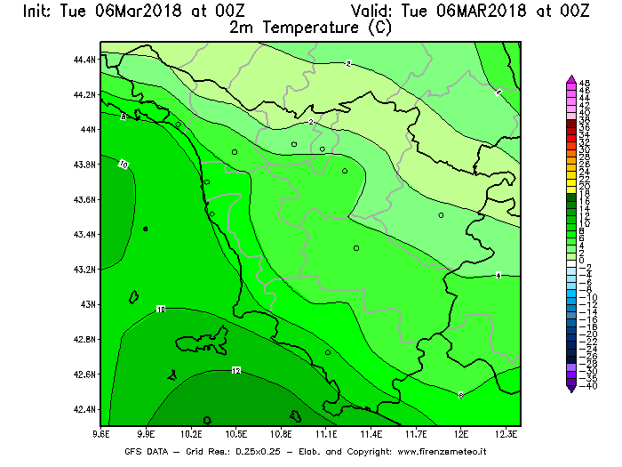 Mappa di analisi GFS - Temperatura a 2 metri dal suolo [°C] in Toscana
							del 06/03/2018 00 <!--googleoff: index-->UTC<!--googleon: index-->