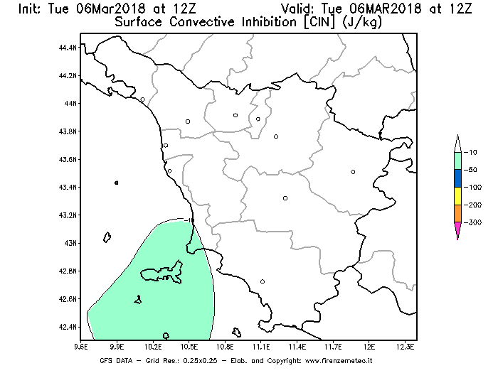 Mappa di analisi GFS - CIN [J/kg] in Toscana
							del 06/03/2018 12 <!--googleoff: index-->UTC<!--googleon: index-->