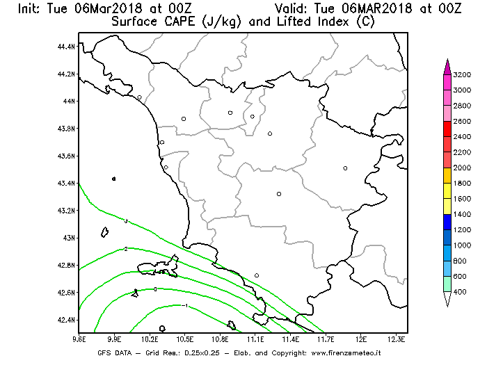 Mappa di analisi GFS - CAPE [J/kg] e Lifted Index [°C] in Toscana
							del 06/03/2018 00 <!--googleoff: index-->UTC<!--googleon: index-->