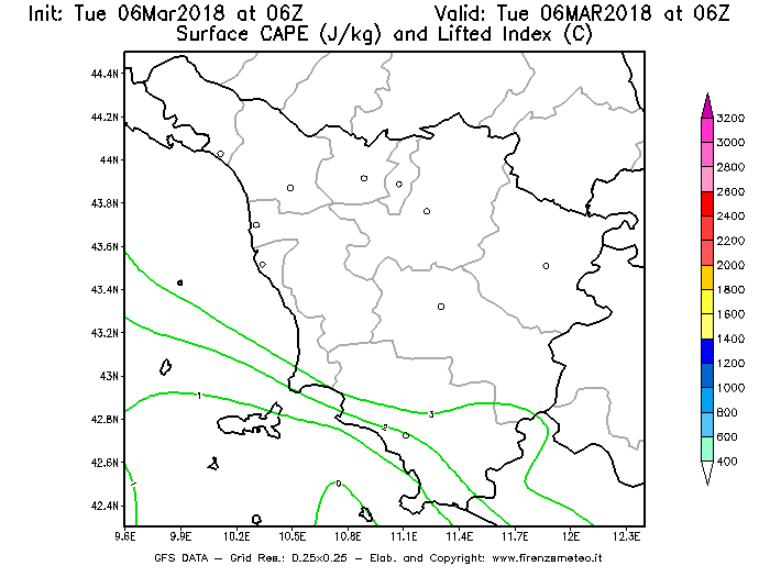 Mappa di analisi GFS - CAPE [J/kg] e Lifted Index [°C] in Toscana
							del 06/03/2018 06 <!--googleoff: index-->UTC<!--googleon: index-->