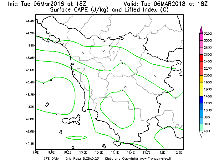 Mappa di analisi GFS - CAPE [J/kg] e Lifted Index [°C] in Toscana
							del 06/03/2018 18 <!--googleoff: index-->UTC<!--googleon: index-->