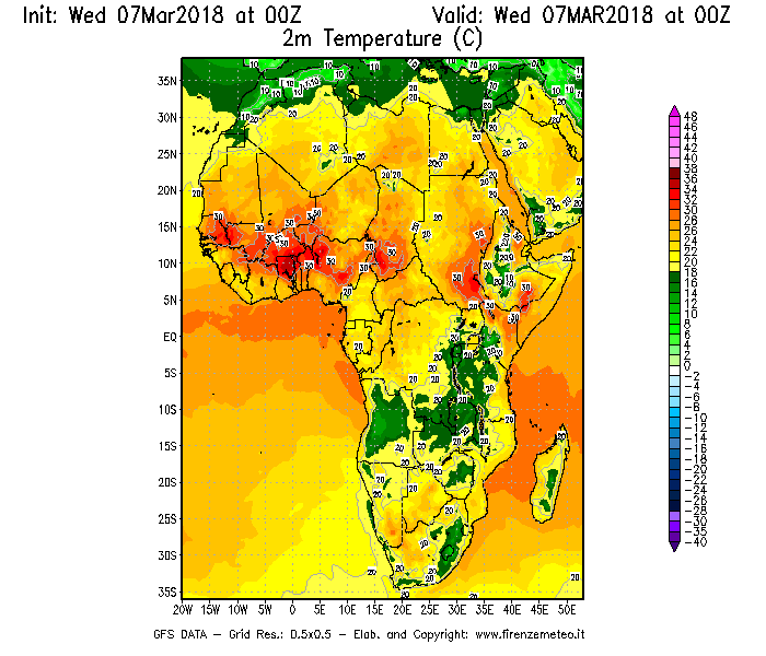 Mappa di analisi GFS - Temperatura a 2 metri dal suolo [°C] in Africa
							del 07/03/2018 00 <!--googleoff: index-->UTC<!--googleon: index-->