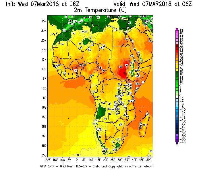 Mappa di analisi GFS - Temperatura a 2 metri dal suolo [°C] in Africa
							del 07/03/2018 06 <!--googleoff: index-->UTC<!--googleon: index-->
