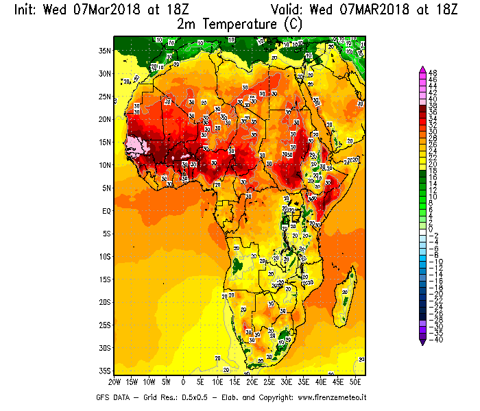 Mappa di analisi GFS - Temperatura a 2 metri dal suolo [°C] in Africa
							del 07/03/2018 18 <!--googleoff: index-->UTC<!--googleon: index-->