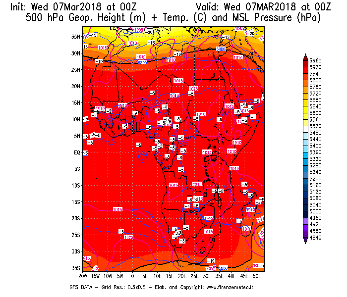Mappa di analisi GFS - Geopotenziale [m] + Temp. [°C] a 500 hPa + Press. a livello del mare [hPa] in Africa
							del 07/03/2018 00 <!--googleoff: index-->UTC<!--googleon: index-->