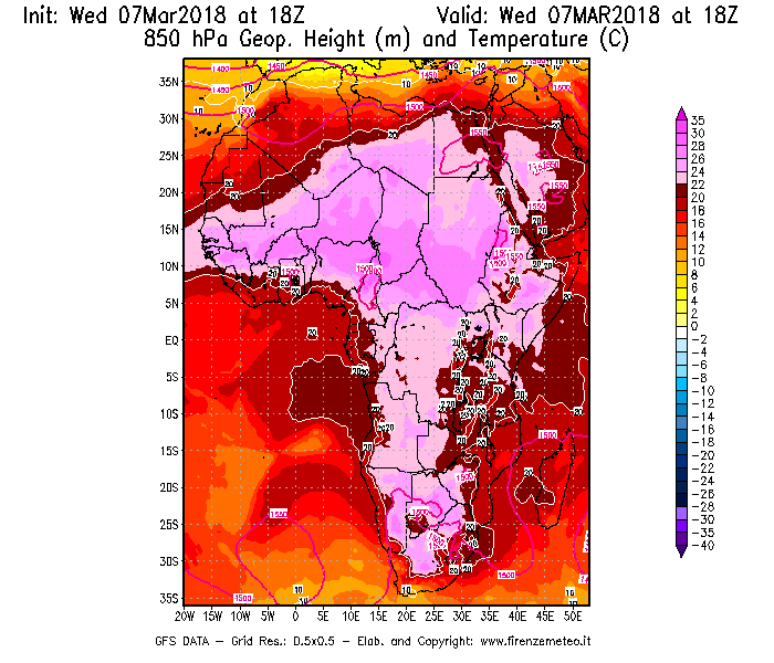 Mappa di analisi GFS - Geopotenziale [m] e Temperatura [°C] a 850 hPa in Africa
							del 07/03/2018 18 <!--googleoff: index-->UTC<!--googleon: index-->