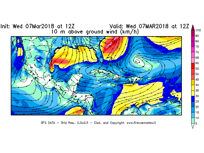 Mappa di analisi GFS - Velocità del vento a 10 metri dal suolo [km/h] in Centro-America
							del 07/03/2018 12 <!--googleoff: index-->UTC<!--googleon: index-->