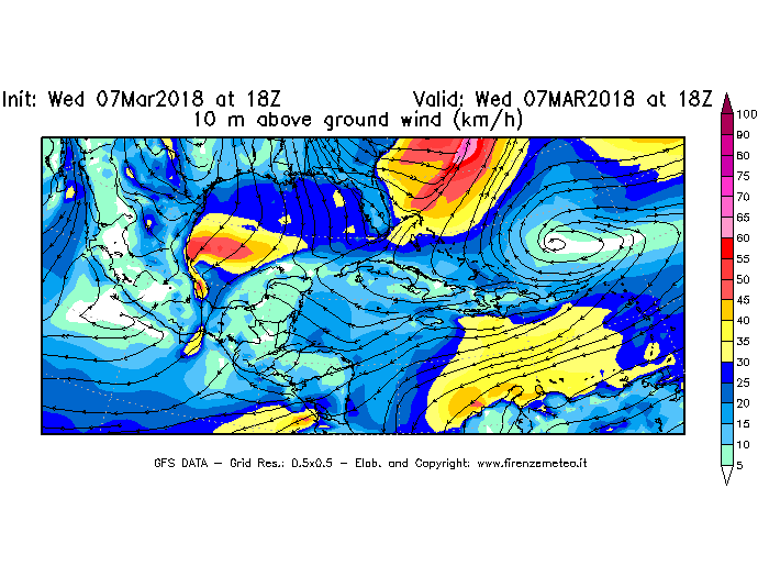Mappa di analisi GFS - Velocità del vento a 10 metri dal suolo [km/h] in Centro-America
							del 07/03/2018 18 <!--googleoff: index-->UTC<!--googleon: index-->