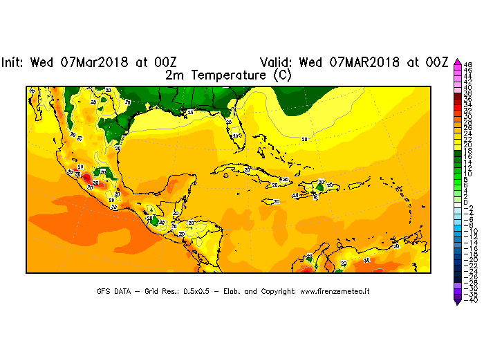Mappa di analisi GFS - Temperatura a 2 metri dal suolo [°C] in Centro-America
							del 07/03/2018 00 <!--googleoff: index-->UTC<!--googleon: index-->