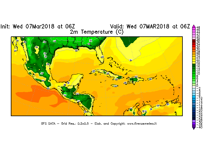Mappa di analisi GFS - Temperatura a 2 metri dal suolo [°C] in Centro-America
							del 07/03/2018 06 <!--googleoff: index-->UTC<!--googleon: index-->