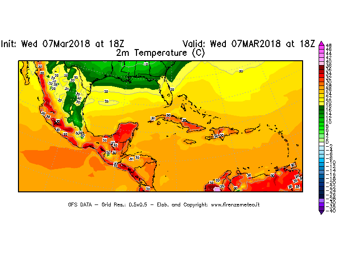Mappa di analisi GFS - Temperatura a 2 metri dal suolo [°C] in Centro-America
							del 07/03/2018 18 <!--googleoff: index-->UTC<!--googleon: index-->