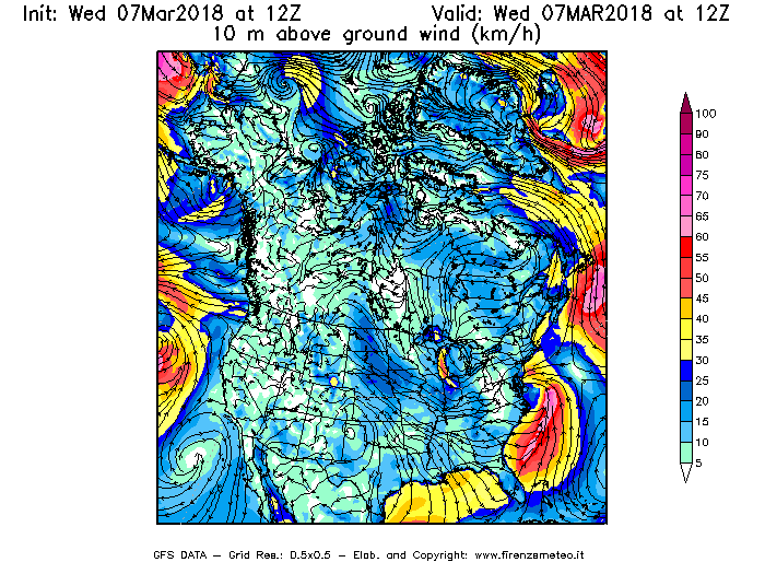 Mappa di analisi GFS - Velocità del vento a 10 metri dal suolo [km/h] in Nord-America
							del 07/03/2018 12 <!--googleoff: index-->UTC<!--googleon: index-->