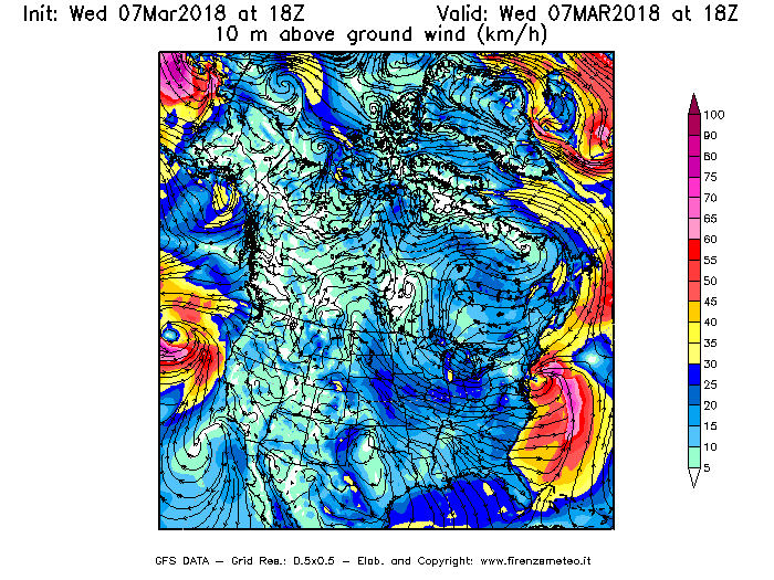 Mappa di analisi GFS - Velocità del vento a 10 metri dal suolo [km/h] in Nord-America
							del 07/03/2018 18 <!--googleoff: index-->UTC<!--googleon: index-->