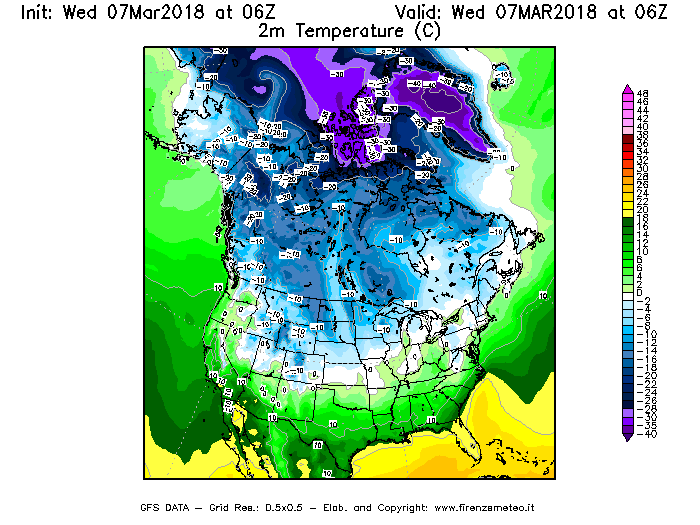 Mappa di analisi GFS - Temperatura a 2 metri dal suolo [°C] in Nord-America
							del 07/03/2018 06 <!--googleoff: index-->UTC<!--googleon: index-->