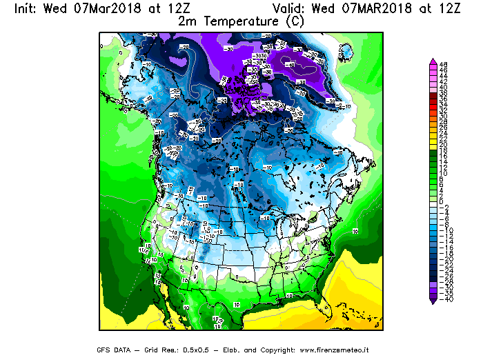 Mappa di analisi GFS - Temperatura a 2 metri dal suolo [°C] in Nord-America
							del 07/03/2018 12 <!--googleoff: index-->UTC<!--googleon: index-->