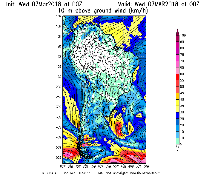 Mappa di analisi GFS - Velocità del vento a 10 metri dal suolo [km/h] in Sud-America
							del 07/03/2018 00 <!--googleoff: index-->UTC<!--googleon: index-->