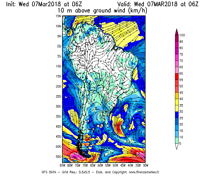 Mappa di analisi GFS - Velocità del vento a 10 metri dal suolo [km/h] in Sud-America
							del 07/03/2018 06 <!--googleoff: index-->UTC<!--googleon: index-->