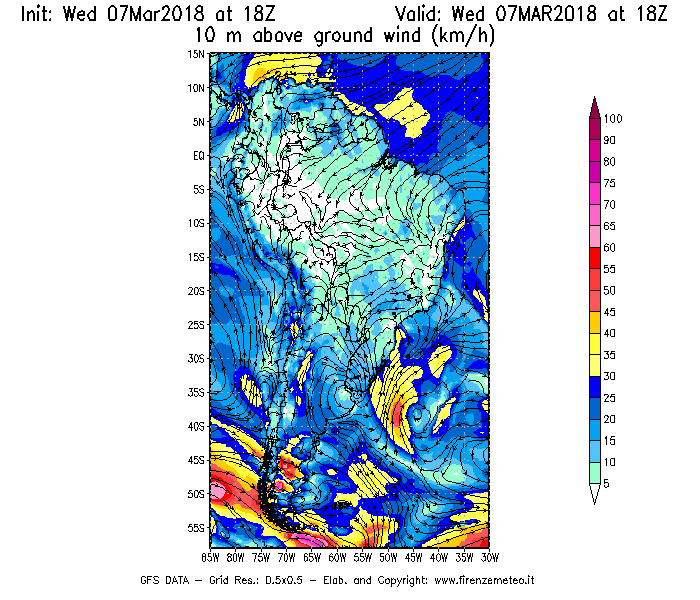 Mappa di analisi GFS - Velocità del vento a 10 metri dal suolo [km/h] in Sud-America
							del 07/03/2018 18 <!--googleoff: index-->UTC<!--googleon: index-->