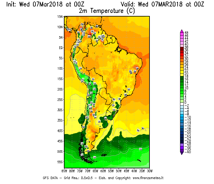 Mappa di analisi GFS - Temperatura a 2 metri dal suolo [°C] in Sud-America
							del 07/03/2018 00 <!--googleoff: index-->UTC<!--googleon: index-->