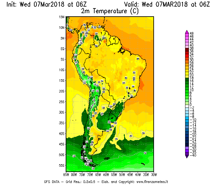 Mappa di analisi GFS - Temperatura a 2 metri dal suolo [°C] in Sud-America
							del 07/03/2018 06 <!--googleoff: index-->UTC<!--googleon: index-->