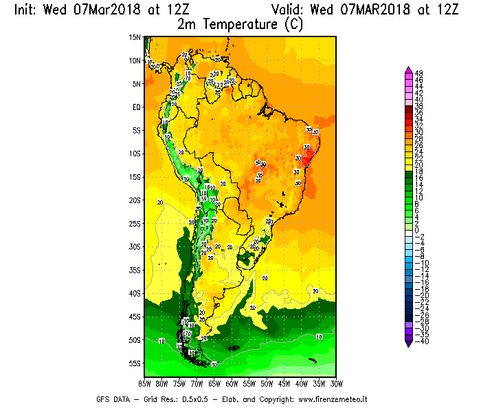 Mappa di analisi GFS - Temperatura a 2 metri dal suolo [°C] in Sud-America
							del 07/03/2018 12 <!--googleoff: index-->UTC<!--googleon: index-->