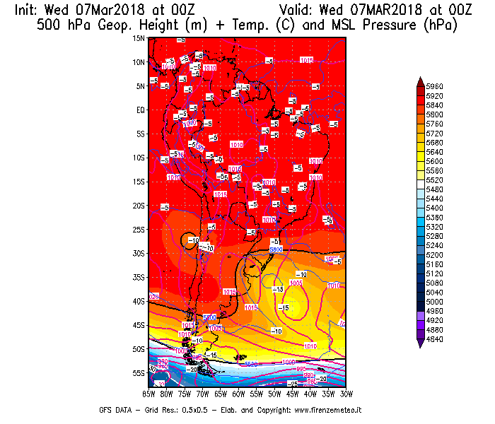 Mappa di analisi GFS - Geopotenziale [m] + Temp. [°C] a 500 hPa + Press. a livello del mare [hPa] in Sud-America
							del 07/03/2018 00 <!--googleoff: index-->UTC<!--googleon: index-->