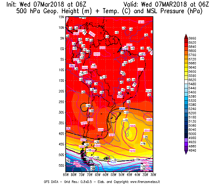 Mappa di analisi GFS - Geopotenziale [m] + Temp. [°C] a 500 hPa + Press. a livello del mare [hPa] in Sud-America
							del 07/03/2018 06 <!--googleoff: index-->UTC<!--googleon: index-->