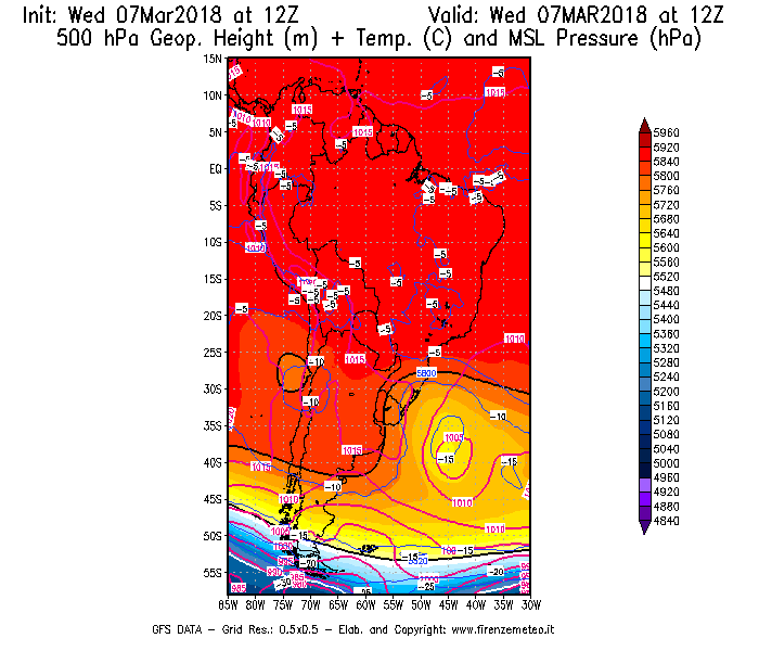 Mappa di analisi GFS - Geopotenziale [m] + Temp. [°C] a 500 hPa + Press. a livello del mare [hPa] in Sud-America
							del 07/03/2018 12 <!--googleoff: index-->UTC<!--googleon: index-->