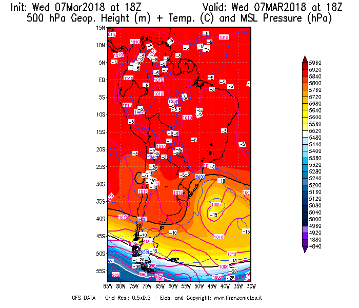 Mappa di analisi GFS - Geopotenziale [m] + Temp. [°C] a 500 hPa + Press. a livello del mare [hPa] in Sud-America
							del 07/03/2018 18 <!--googleoff: index-->UTC<!--googleon: index-->