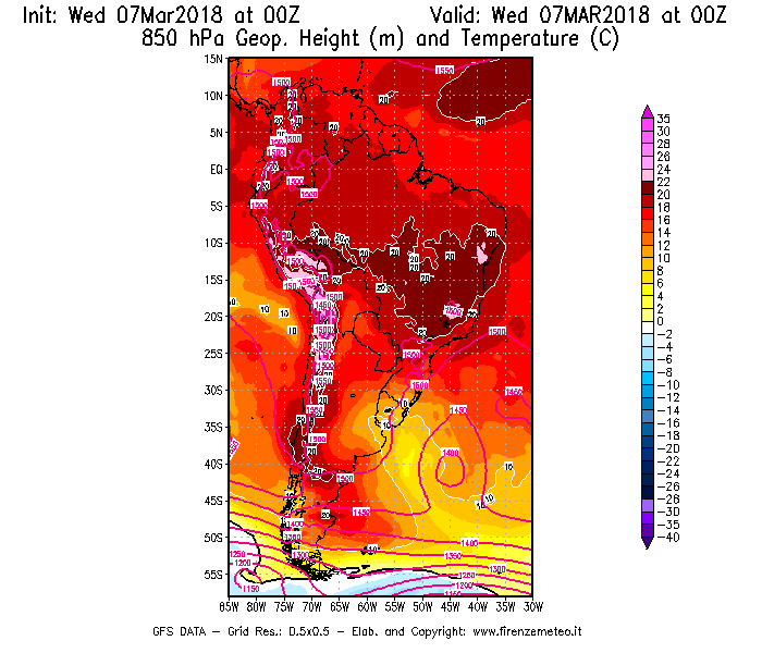 Mappa di analisi GFS - Geopotenziale [m] e Temperatura [°C] a 850 hPa in Sud-America
							del 07/03/2018 00 <!--googleoff: index-->UTC<!--googleon: index-->