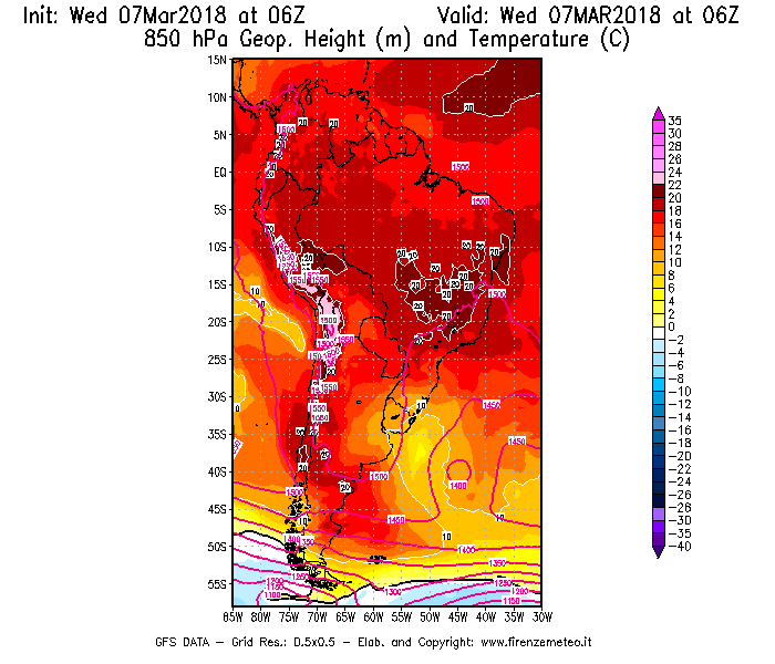 Mappa di analisi GFS - Geopotenziale [m] e Temperatura [°C] a 850 hPa in Sud-America
							del 07/03/2018 06 <!--googleoff: index-->UTC<!--googleon: index-->