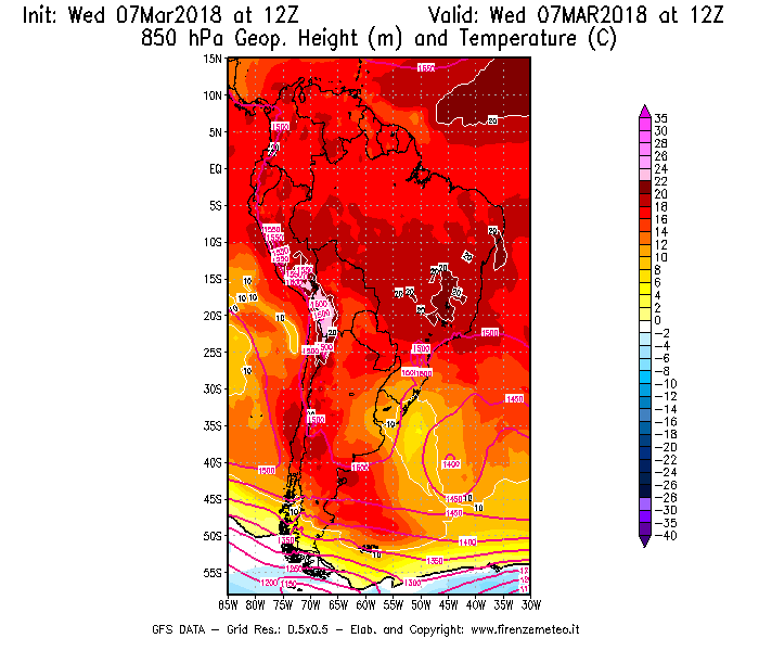 Mappa di analisi GFS - Geopotenziale [m] e Temperatura [°C] a 850 hPa in Sud-America
							del 07/03/2018 12 <!--googleoff: index-->UTC<!--googleon: index-->