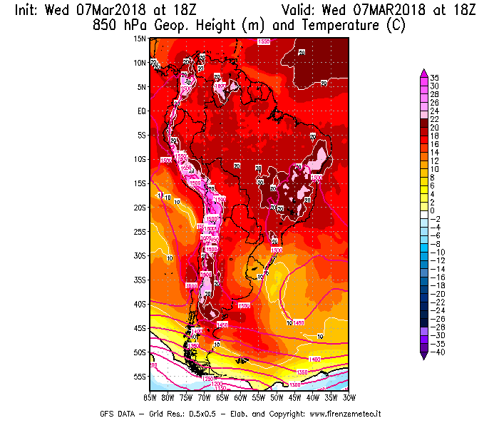 Mappa di analisi GFS - Geopotenziale [m] e Temperatura [°C] a 850 hPa in Sud-America
							del 07/03/2018 18 <!--googleoff: index-->UTC<!--googleon: index-->