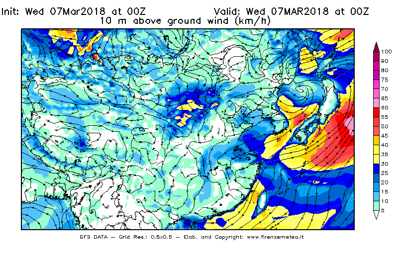 Mappa di analisi GFS - Velocità del vento a 10 metri dal suolo [km/h] in Asia Orientale
							del 07/03/2018 00 <!--googleoff: index-->UTC<!--googleon: index-->