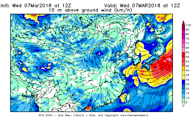 Mappa di analisi GFS - Velocità del vento a 10 metri dal suolo [km/h] in Asia Orientale
							del 07/03/2018 12 <!--googleoff: index-->UTC<!--googleon: index-->