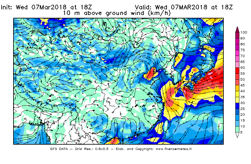Mappa di analisi GFS - Velocità del vento a 10 metri dal suolo [km/h] in Asia Orientale
							del 07/03/2018 18 <!--googleoff: index-->UTC<!--googleon: index-->