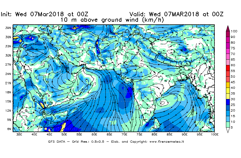 Mappa di analisi GFS - Velocità del vento a 10 metri dal suolo [km/h] in Asia Sud-Occidentale
							del 07/03/2018 00 <!--googleoff: index-->UTC<!--googleon: index-->