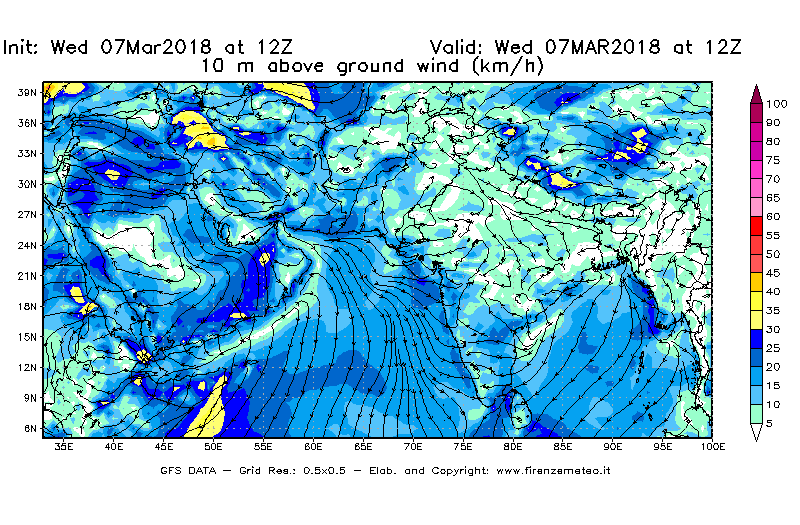 Mappa di analisi GFS - Velocità del vento a 10 metri dal suolo [km/h] in Asia Sud-Occidentale
							del 07/03/2018 12 <!--googleoff: index-->UTC<!--googleon: index-->
