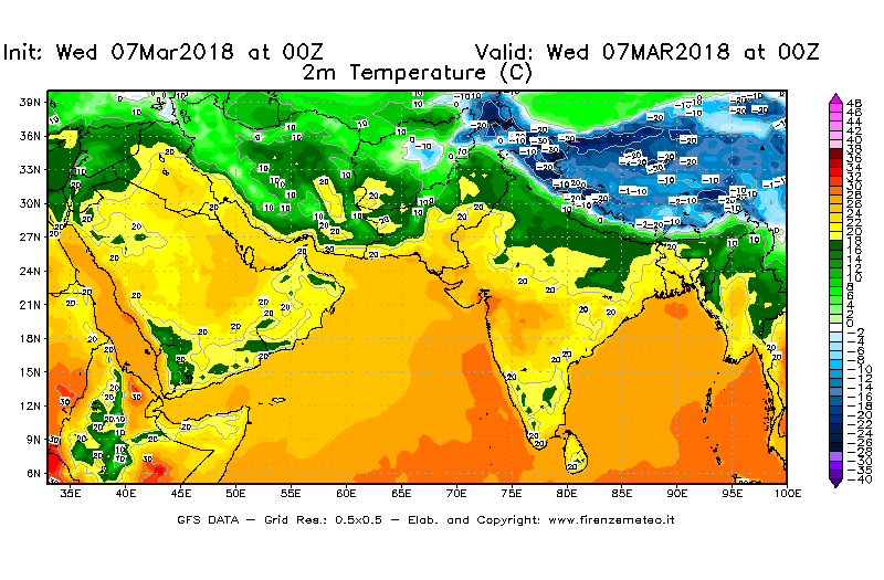 Mappa di analisi GFS - Temperatura a 2 metri dal suolo [°C] in Asia Sud-Occidentale
							del 07/03/2018 00 <!--googleoff: index-->UTC<!--googleon: index-->