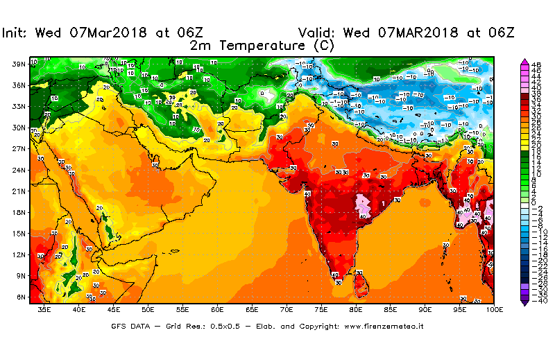 Mappa di analisi GFS - Temperatura a 2 metri dal suolo [°C] in Asia Sud-Occidentale
							del 07/03/2018 06 <!--googleoff: index-->UTC<!--googleon: index-->