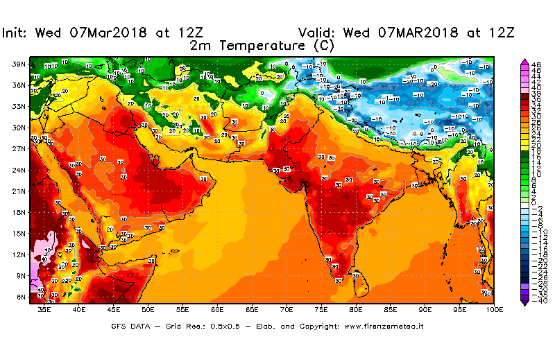 Mappa di analisi GFS - Temperatura a 2 metri dal suolo [°C] in Asia Sud-Occidentale
							del 07/03/2018 12 <!--googleoff: index-->UTC<!--googleon: index-->