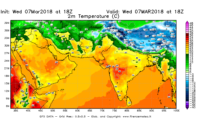 Mappa di analisi GFS - Temperatura a 2 metri dal suolo [°C] in Asia Sud-Occidentale
							del 07/03/2018 18 <!--googleoff: index-->UTC<!--googleon: index-->