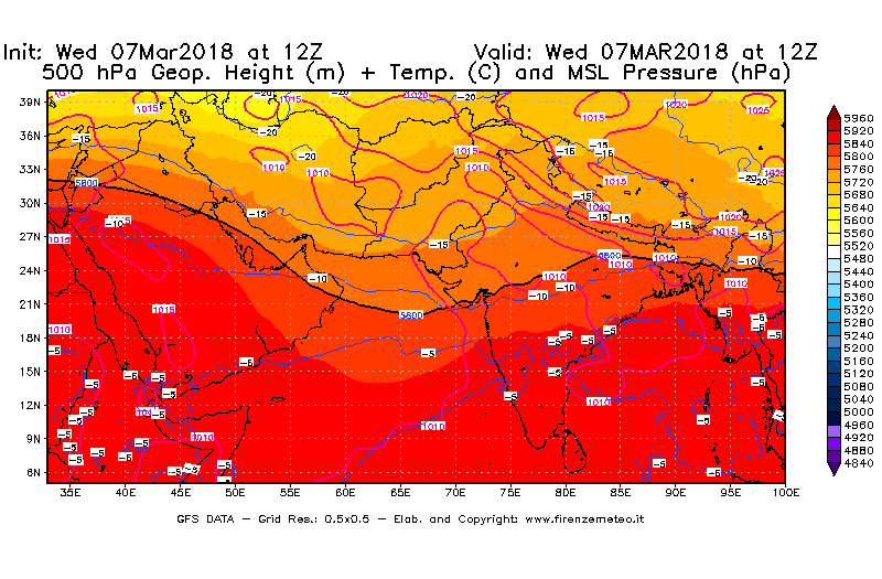 Mappa di analisi GFS - Geopotenziale [m] + Temp. [°C] a 500 hPa + Press. a livello del mare [hPa] in Asia Sud-Occidentale
							del 07/03/2018 12 <!--googleoff: index-->UTC<!--googleon: index-->