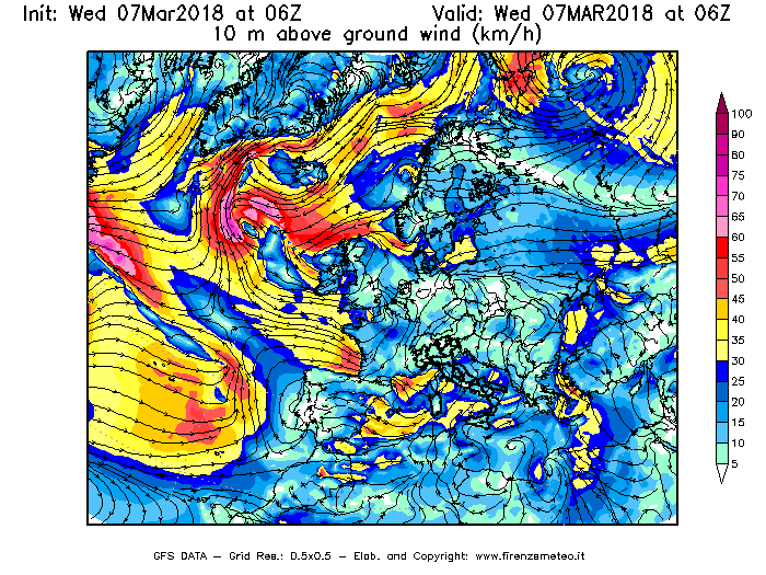 Mappa di analisi GFS - Velocità del vento a 10 metri dal suolo [km/h] in Europa
							del 07/03/2018 06 <!--googleoff: index-->UTC<!--googleon: index-->
